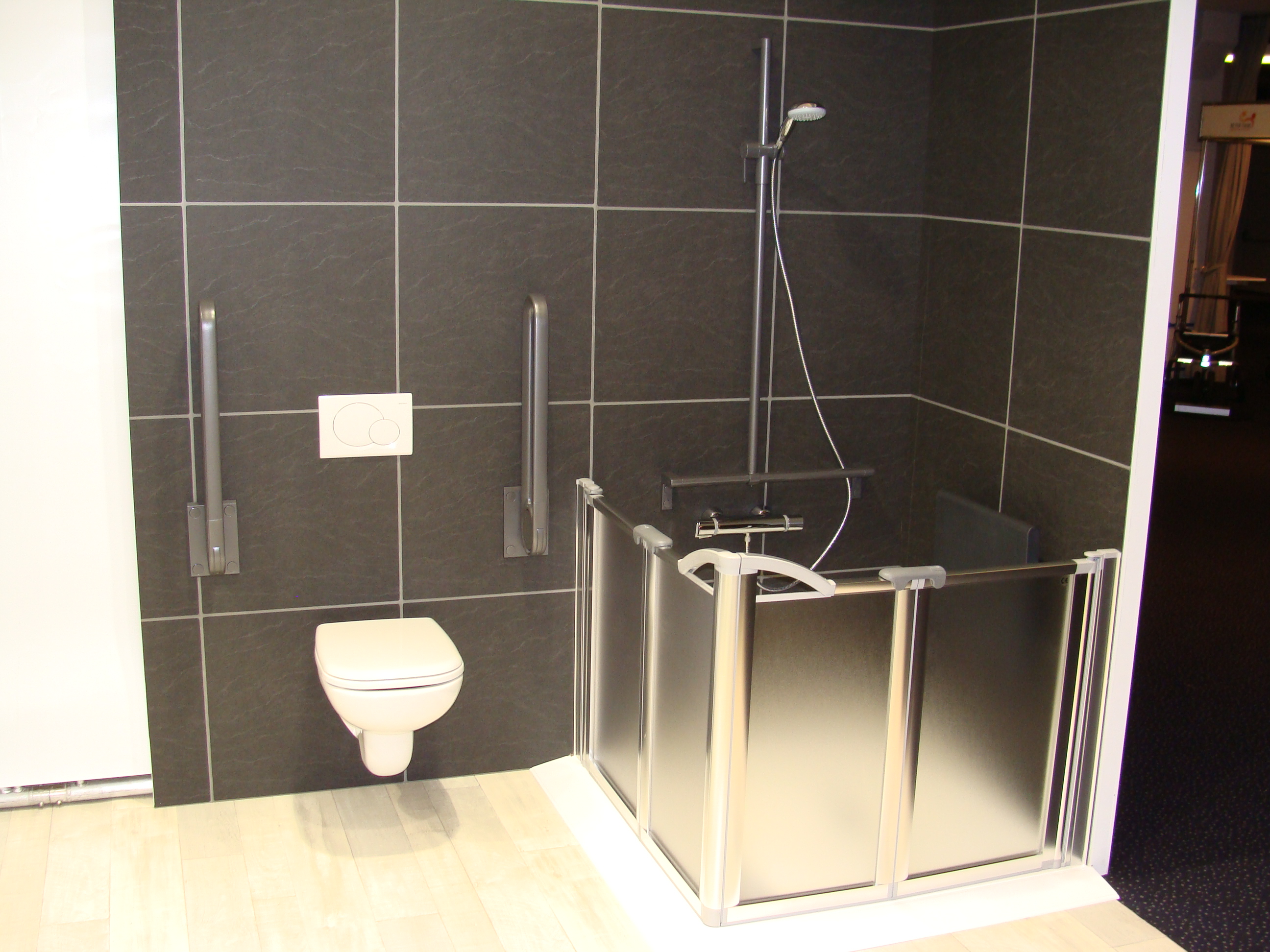 Een aangepaste douche en toilet met handgrepen voor mensen met een fysieke beperking.